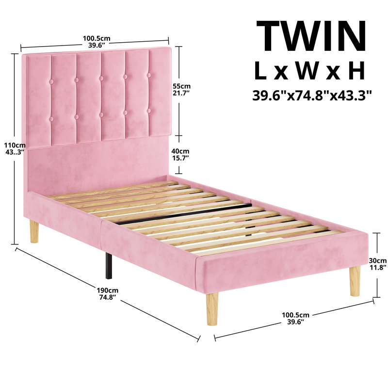Gurit 43'' Modern Twin Bed Frames with Upholstered Velvet Headboard, Low Profile Design with Strong Wooden Slats, No Box Spring Needed and Noise-Free