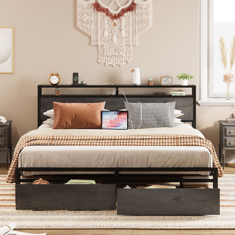 Bed Frame With Storage Headboard, Charcoal, Gray, King