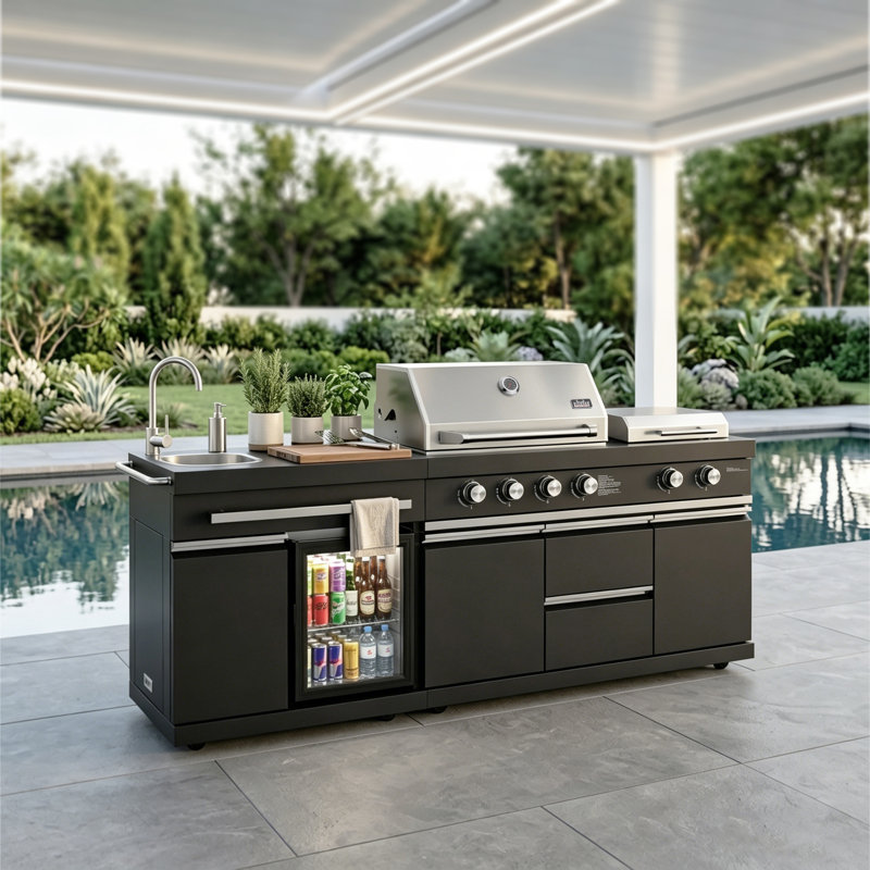 Bighorn Prime 6-burner Outdoor Kitchen Grill & Griddle Combo With Refrigerator, Sink & Cover