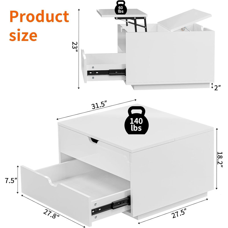 Lift Top Coffee Table With Led,High Gloss White Coffee Table With Large Storage, Square Center Table For Living Room And Office