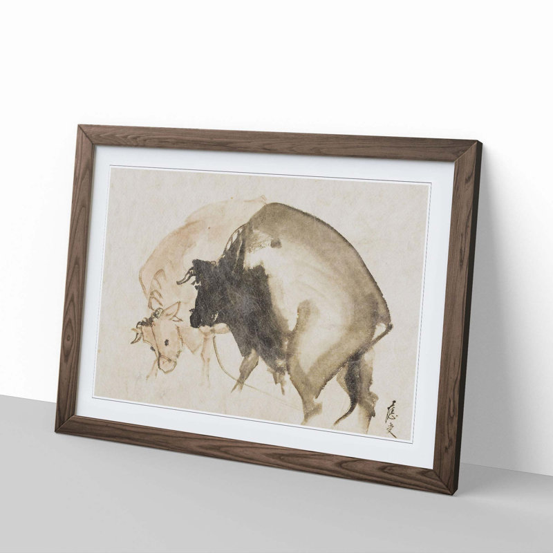 Two Bulls by Maruyama Okyo - Framed Print, 36cm H x 48cm W x 2cm D, Walnut Framed