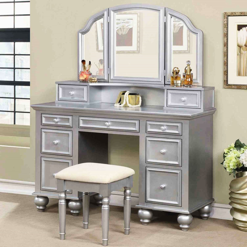 Meuble-lavabo 1 pièce avec tabouret, style transitionnel, éclat argenté, miroir à 3 côtés, rangement de tiroir en bois massif pour chambre à coucher et tonique, décor de tiroirs