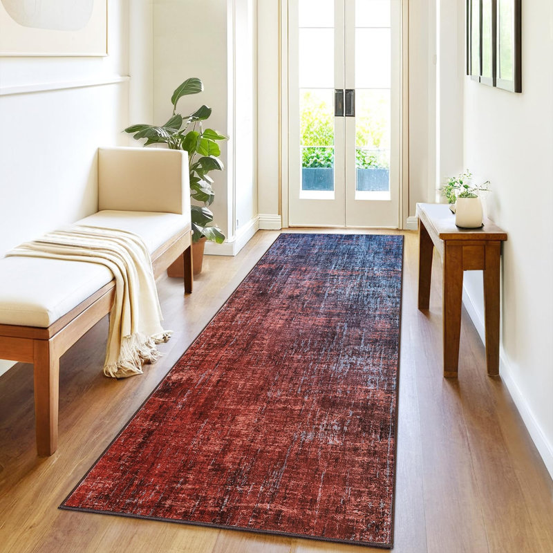 Washable Kitchen Rugs, 2x6 Red Blue Hallway Runner, Soft Low Pile Stain Resistant Laundry Entryway Mat, Indoor Modern Throw Carpet for Laundry Bathroom Bedside