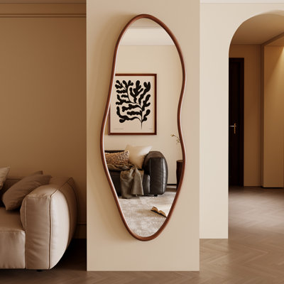 Full Length Mirror, 65"x22" Irregular Full Body Mirror with Solid Wood Frame,,Large Wavy Wall Mirrors for Living Room Entryway Bedroom,Horizontal/Vertical,Walnut