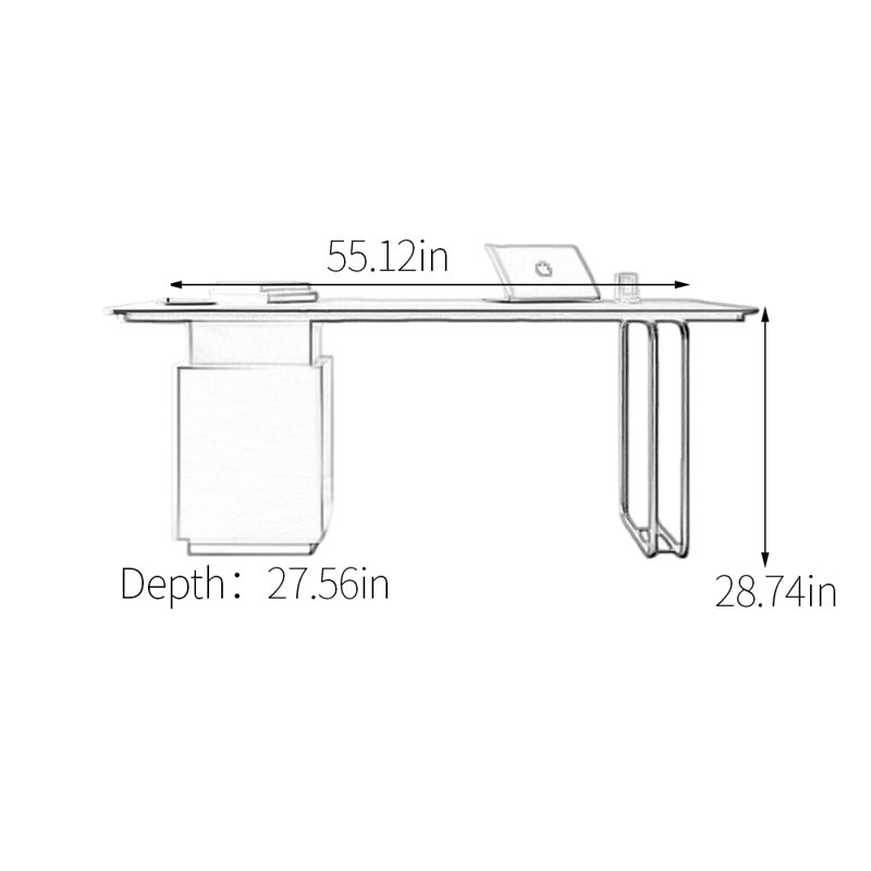Bureau en pierre frittée avec tiroirs, Blanc / Gris, H 28,74 po x l 55,12 po x P 27,56 po