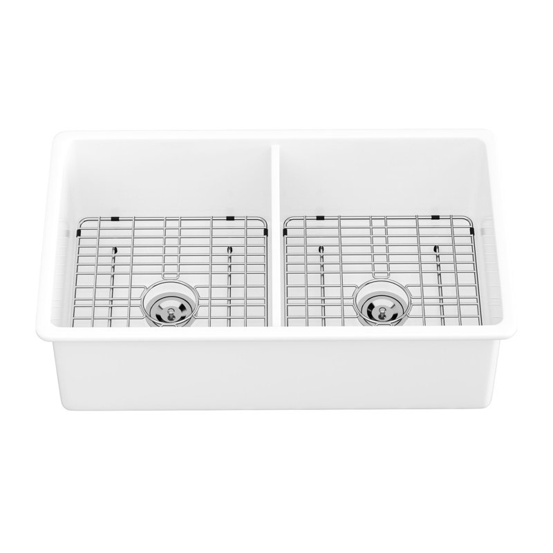 Évier en céramique blanche 32 po - Double cuve rectangulaire pour une surface de cuisson élégante