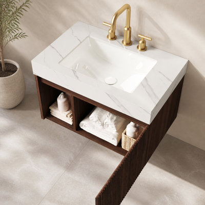 30" Mid‑Century Floating Single Bathroom Vanity, Wall‑Mount Fluted Wood Cabinet with Sintered Stone Countertop & Ceramic Sink