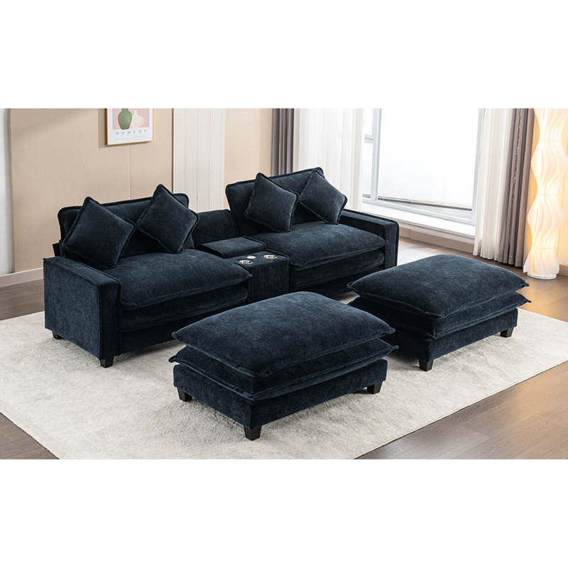 Canapé modulaire 111 po bleu avec coussin double, rangement et deux repose-pieds amovibles American Design, Chenille bleu