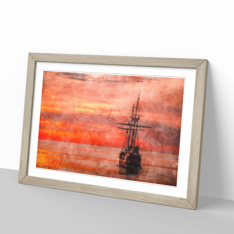 Ship at Sunset - Picture Frame Graphic Art, Oak Framed, 36cm H x 48cm W x 2cm D