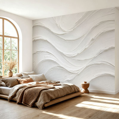 Wall Mural Peel and Stick Wallpaper White wave plaster Light modern abstract Self-Adhesive Removable Contact Paper Wall Decor for Living Room Bedroom 69"H x 96"W