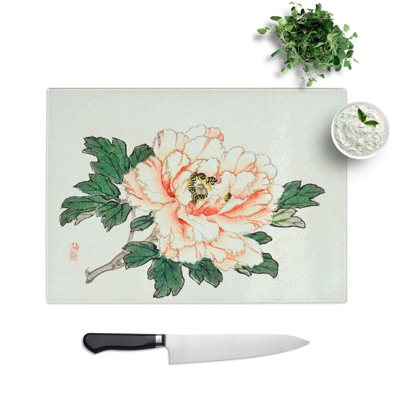 Tempered Glass Peony by Kono Bairei Chopping Board, 39 cm W x 28.5 cm L