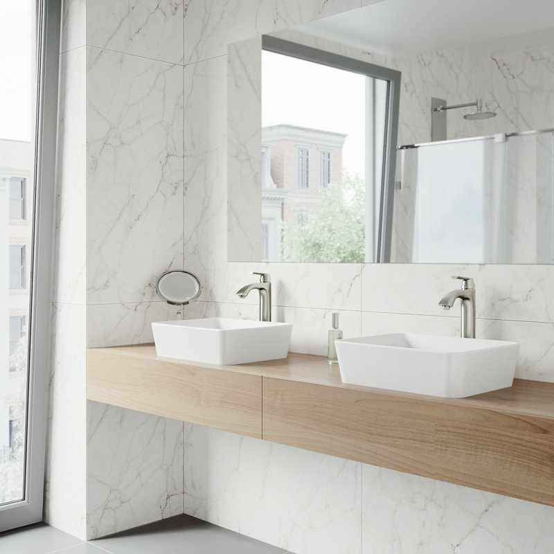 Marigold 18" L x 14" W x 5" H Rectangular White Matte Stone Vessel Bathroom Sink with 12" H Faucet, Brushed Nickel
