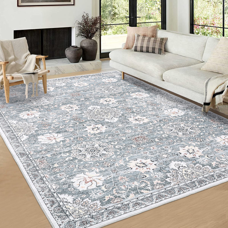 Living Room Rug, Area Rugs for Bedroom, Non Slip & NonShedding Vintage Floral Print Carpet, Low Pile Lightweight Foldable Floor Mats for Dining Room, Nursery, Home Office