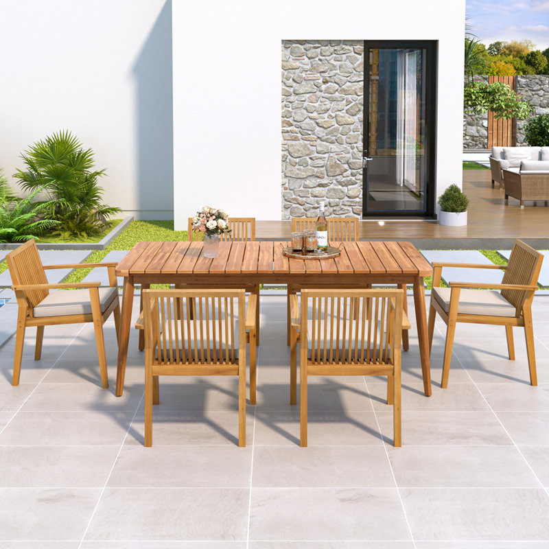 7-Piece Acacia Wood Outdoor Dining Set with Slatted Table and 6 Removable Cushion Chairs for Patio and Garden, Natural/Teak