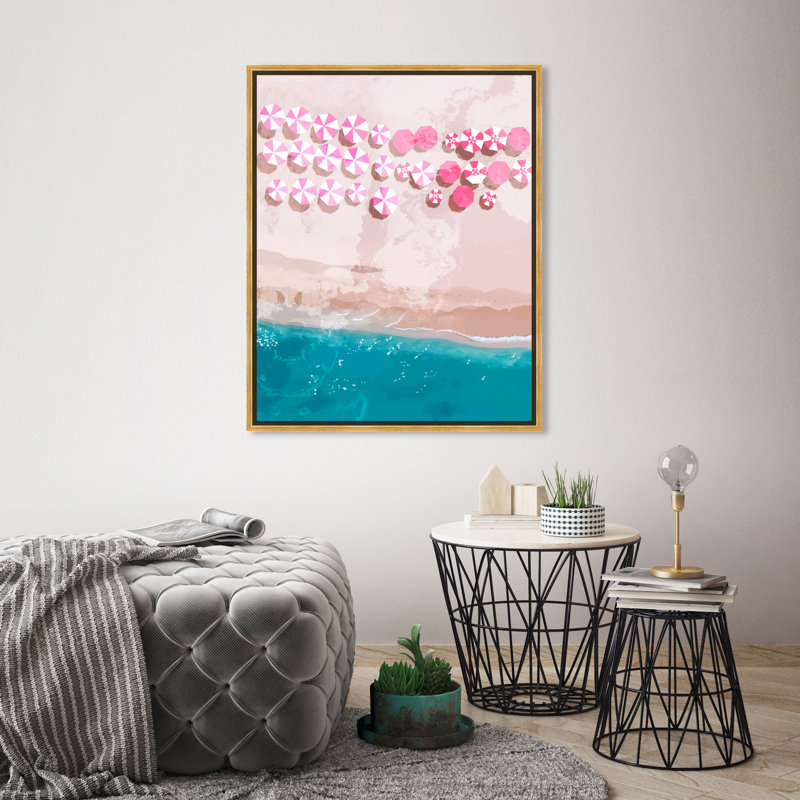 Parasol de plage rose, été bleu océan côtier Glam - peinture, Cadre flottant en plastique doré, H 30 po x l 24 po x P 1,75 po