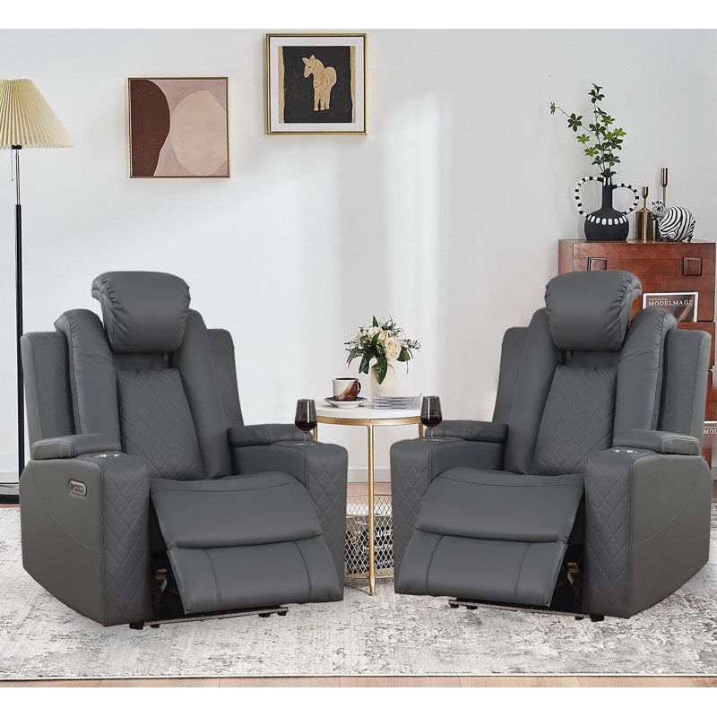 Tiertza Power Leather Recliner W/ Cup Holder, LED Lights, USB Port, Gray