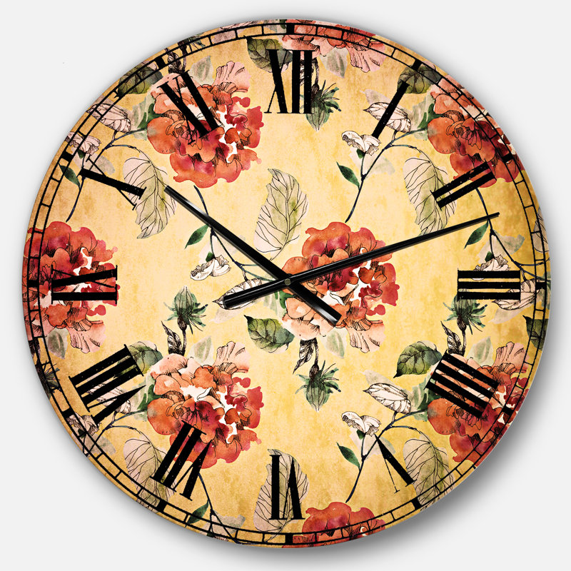 Rose rouge sur fond jaune - horloge murale traditionnelle, Moyen