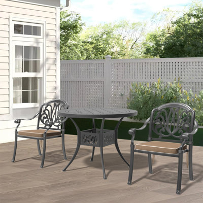 3-Piece Cast Aluminum Patio Bistro Set, Round Table & 2 Stackable Chairs With Brown All-Weather Cushions, Black Framed Weather Resistant Outdoor Patio Furniture For Yard Porch