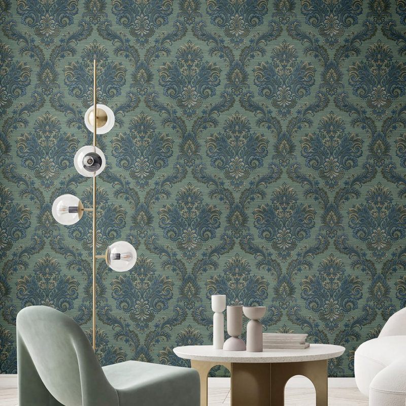 Ornamenta Collection Floral Damask Wallpaper Roll, Green