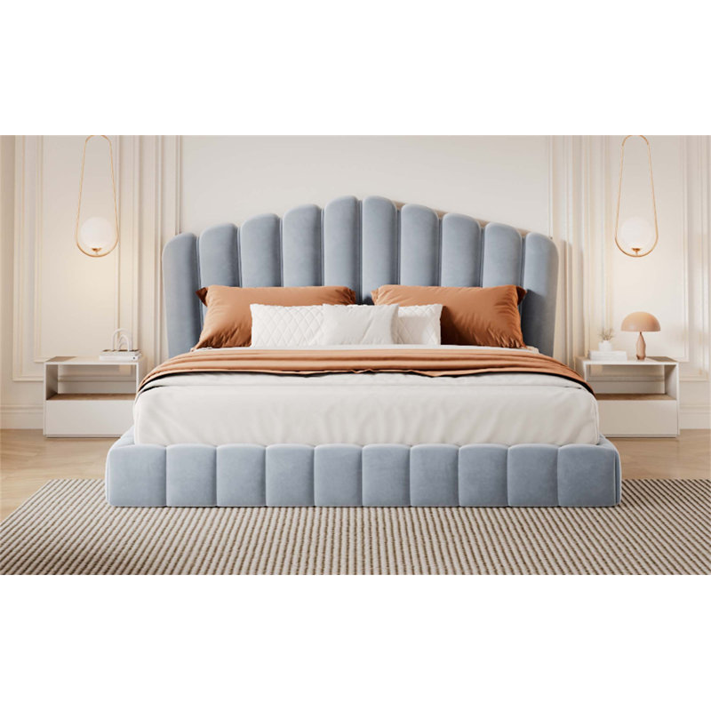 Structure de lit rembourrée en velours avec tête de lit en forme de coquille, sans sommier tapissier, douce et robuste pour les chambres modernes