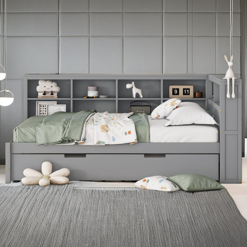 Daybed With Storage Shelf And USB Charging Ports, Gris, Lit double