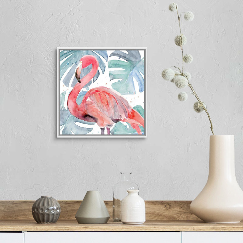 «Flamingo Splash II», art mural sur toile, Toile avec cadre blanc, H 14 po x l 14 po
