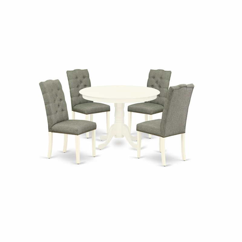 5 Piece Modern Dining Table Set Includes a Round Wooden Table with Pedestal and 4 Gray Linen Fabric Upholstered Parson Chairs, Linen White