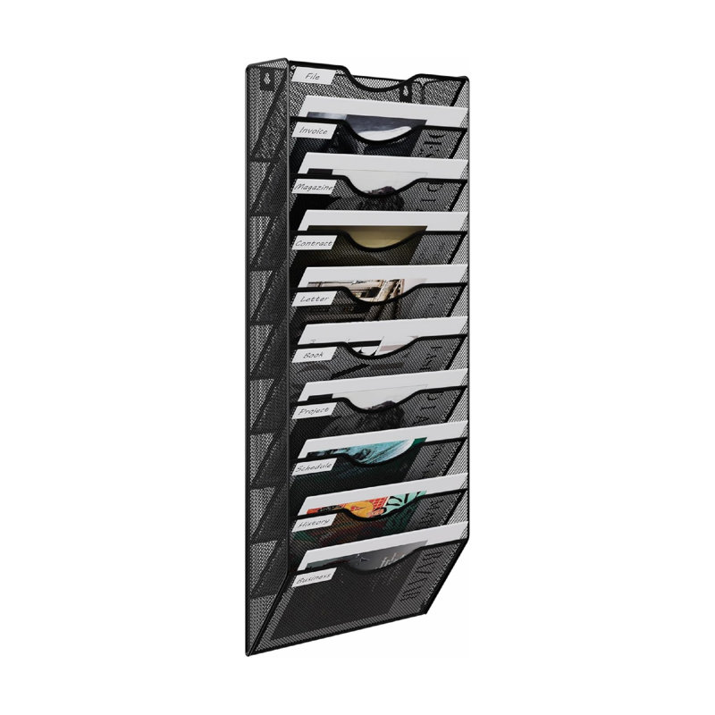 Metal 10 Tier A4 Wall Mounted Document Holder, Hanging Wall File Organiser, Pigeon Holes Storage, Black