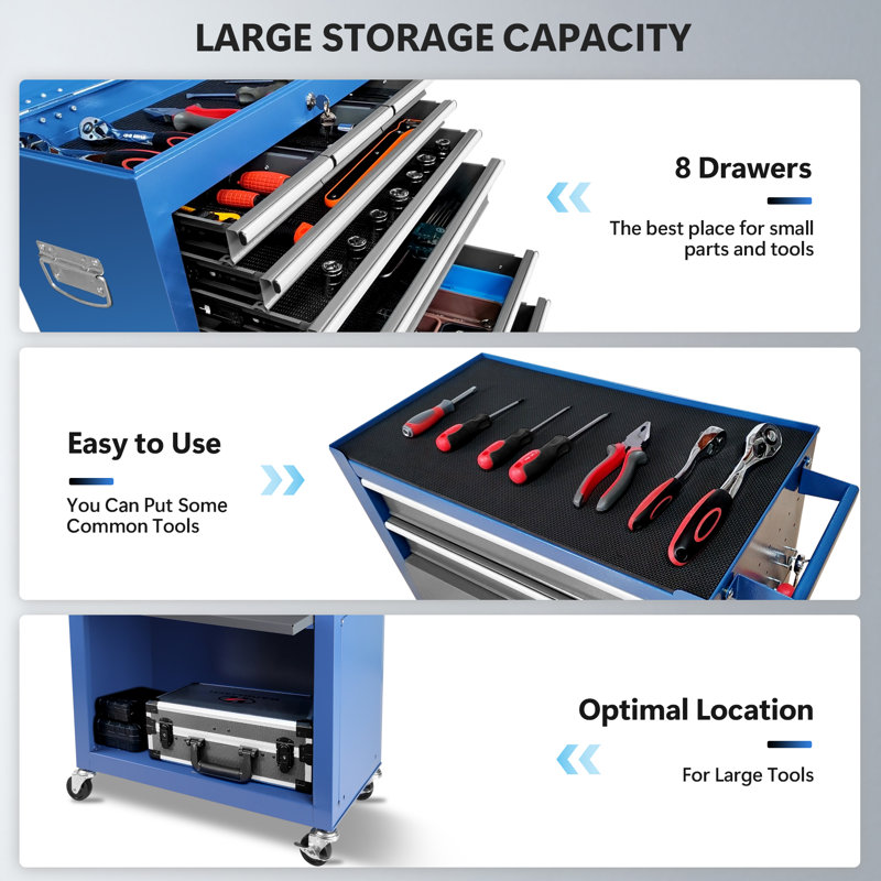 8-Drawer Rolling Tool Chest with Wheels, Large Tool Cabinet with Drawers, Blue/Gray