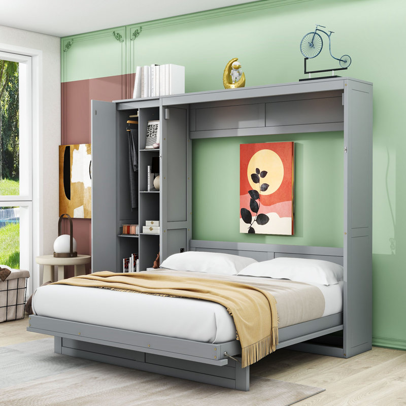  Grand lit escamotable en bois avec garde-robe et lumières DEL Geizi, gris
