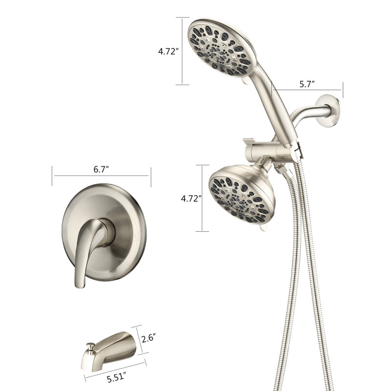 Système de douche haute avec bec de baignoire et valve - 2 en 1. 7 têtes de jet. Double, Nickel brossé