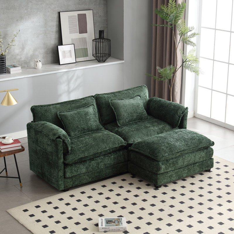 Tissu en chenille, accoudoirs amovibles avec poches latérales, rembourrage en éponge haute densité, canapé double surdimensionné avec repose-pieds