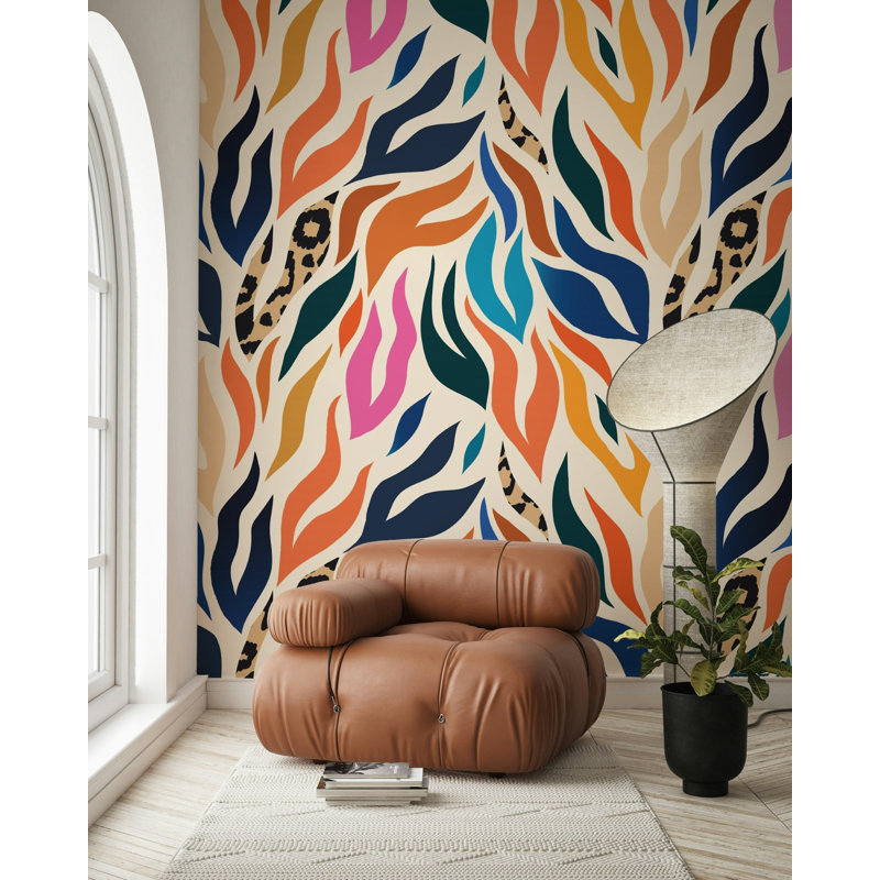 Colourful Abstract Leaf Print Wallpaper with Leopard, 115" L  x 225" W