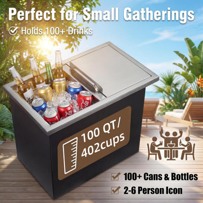 36 x 18 x 14 Inch Commercial Stainless Steel Drop-In Ice Chest With Sliding Lid, Large Capacity Insulated Cooler With Drain Pipe And 24-Hour Cold Retention For Outdoor Kitchen And Bar