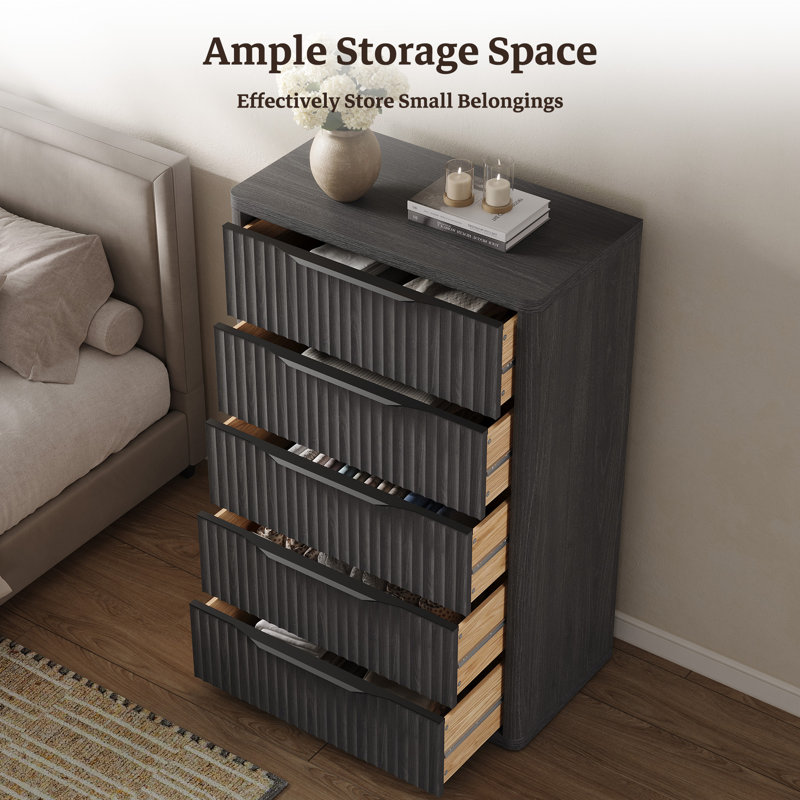 Modern Fluted 5-Drawer Dresser, 50.7" Tall Bedroom Storage Chest, Dark Gray Alder