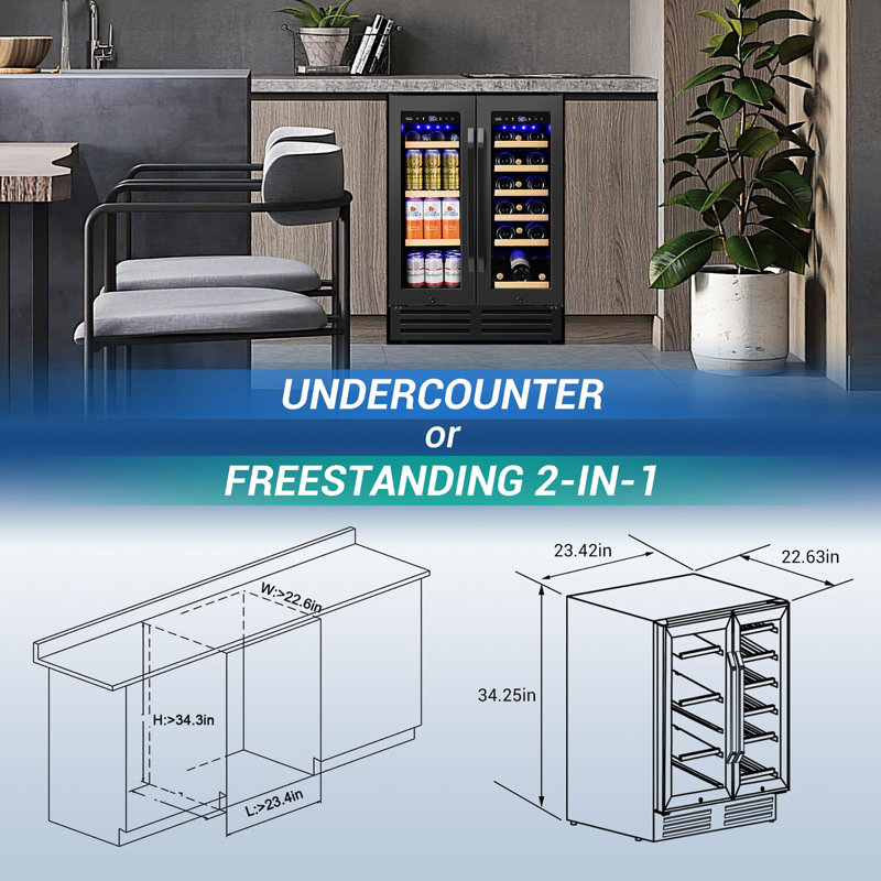 24 Inch Dual Zone Built-In and Freestanding Wine & Beverage Refrigerator - 18 Bottle & 57 Can Capacity, Stainless Steel Frame