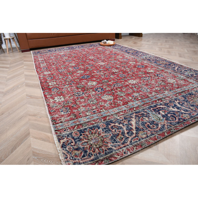 Grand tapis turc Oushak rétro rouge vif avec motif floral complexe pour le décor de la chambre à coucher