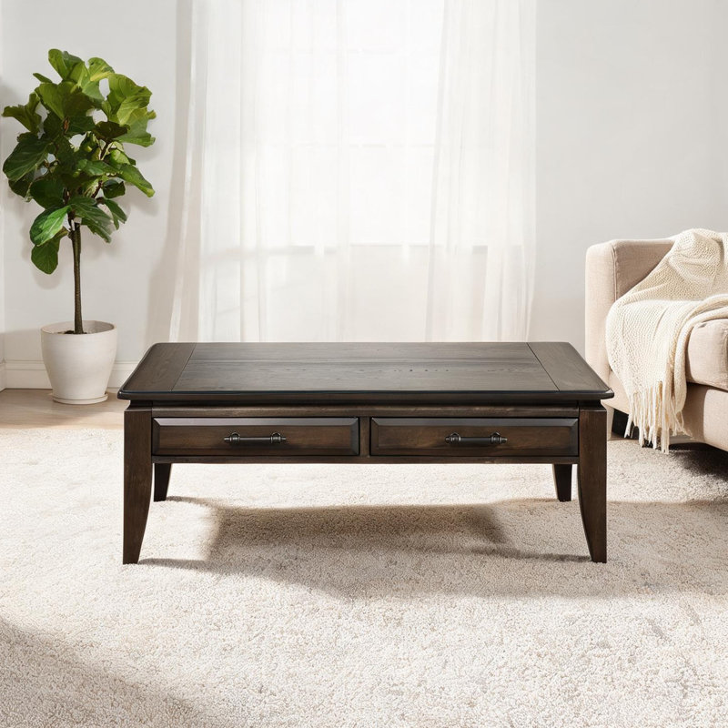 Table basse rectangulaire avec tiroirs avec finition traditionnelle en bois massif et manufacturé foncé