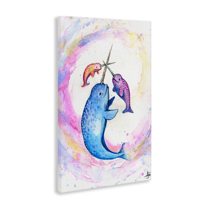 Trois narvals dans une toile pastel, design par Marc Allante, H 45 po x l 30 po