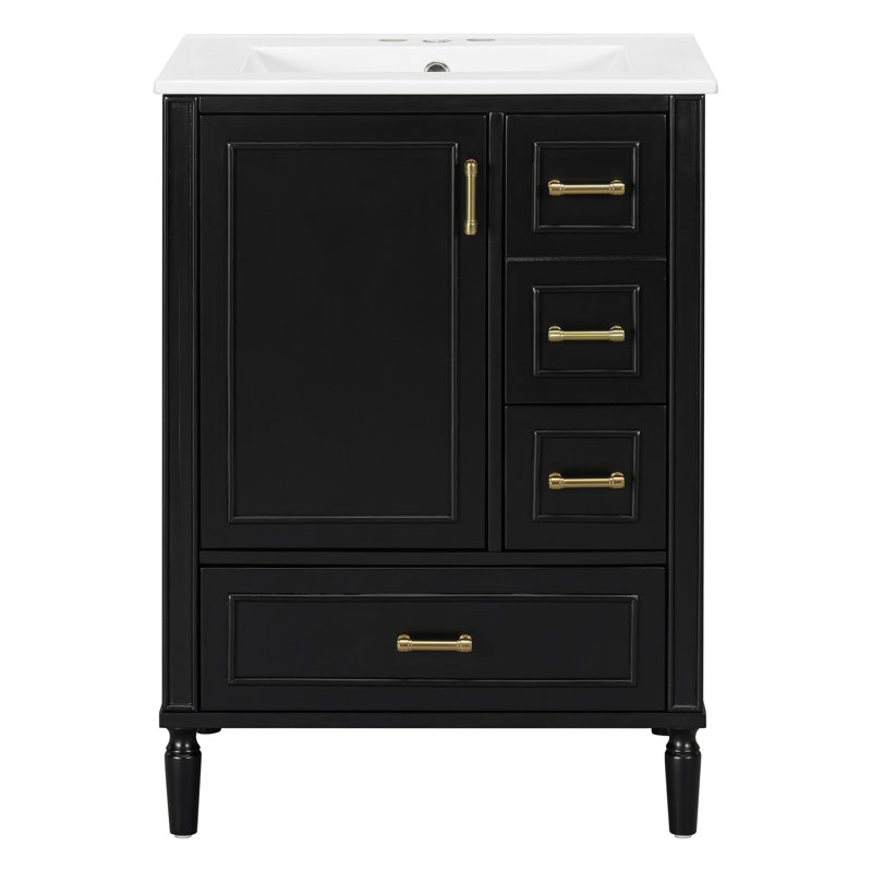 Meuble-lavabo simple Larkspur de 61 cm (24 po) au fini vert forêt avec dessus en céramique blanche, portes de style Shaker et rangement à fermeture amortie
