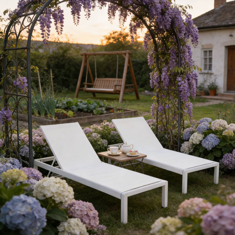 Ensemble de 2 chaises longues d'extérieur, chaises inclinables en filet pour le patio, la cour et la piscine, Blanc