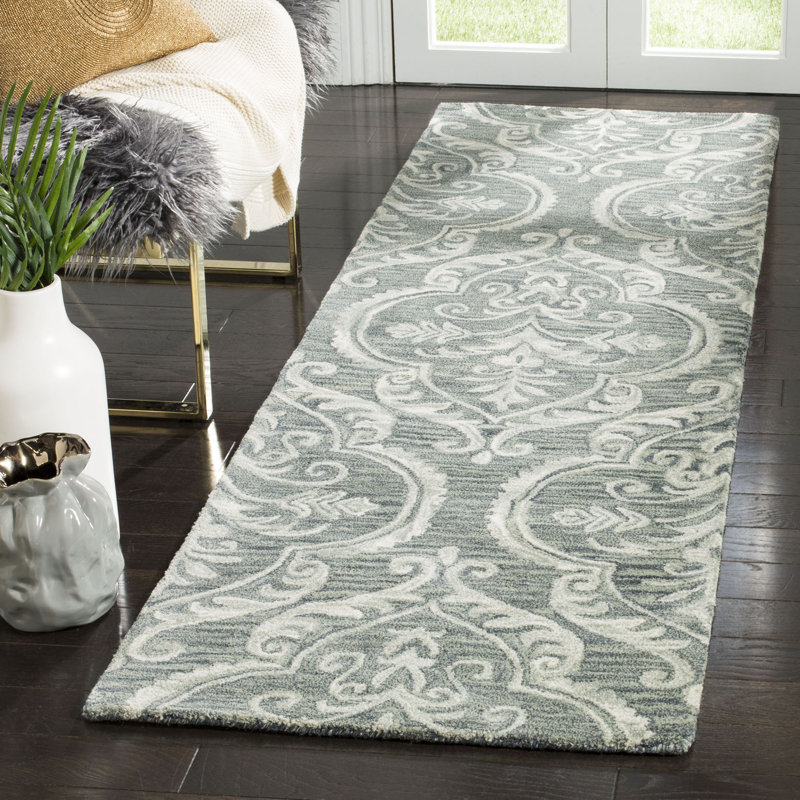 Tapis bleu / sauge en laine Ferrera, Tapis de couloir 2 pi 3 po x 8 pi