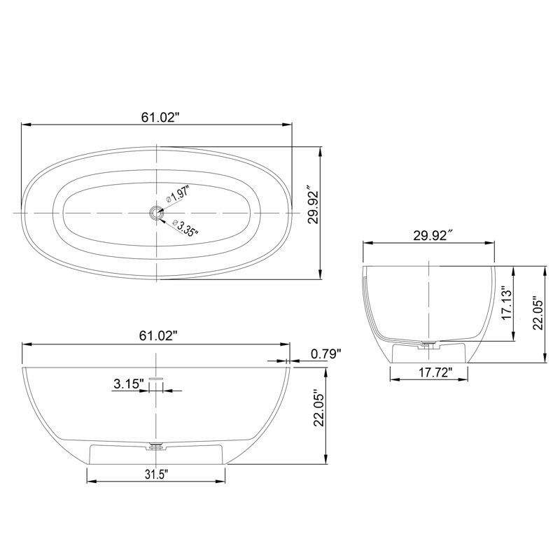 Baignoire autoportante en pierre artificielle 61 po, Blanc mat
