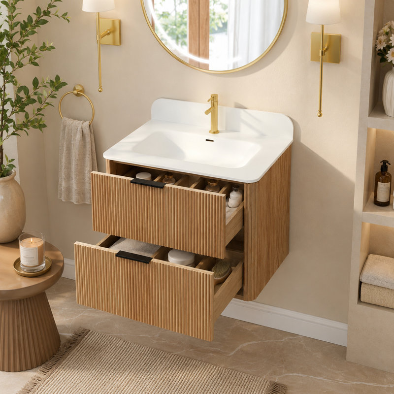 Ensemble de vanité suspendue noire de 61 cm (24 po) avec lavabo intégré et miroir de salle de bain de 61 x 81 cm (24 x 32 po).