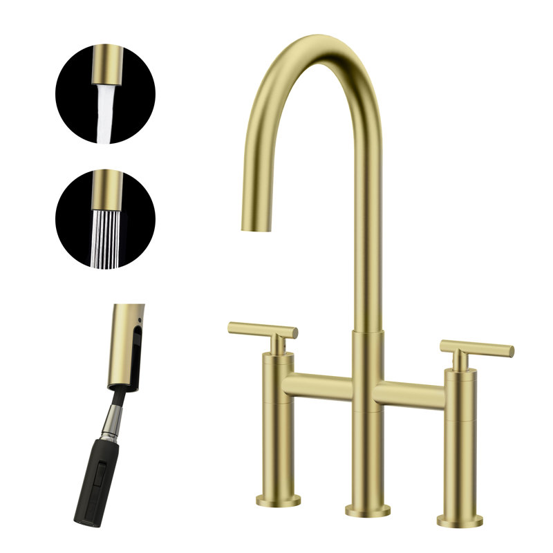 Bridge Kitchen Faucet with Hidden Pull Down Sprayer, 3 Hole 8 Inch Kitchen Sink Faucet, Solid Brass, Gold, Gold