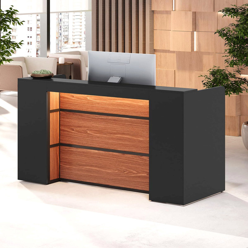 Bureau de réception moderne de 63 po avec lumières à DEL, comptoir avant avec rangement pour le hall d'entrée, le salon de beauté, le magasin de détail, la clinique ou la caisse - finition noire et brun rustique