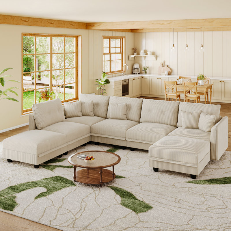 7 Seat Corduroy Convertible Modular Sectional Sofa With Storage, 5 Back Cushion 5 Throw Pillow, Beige Corduroy