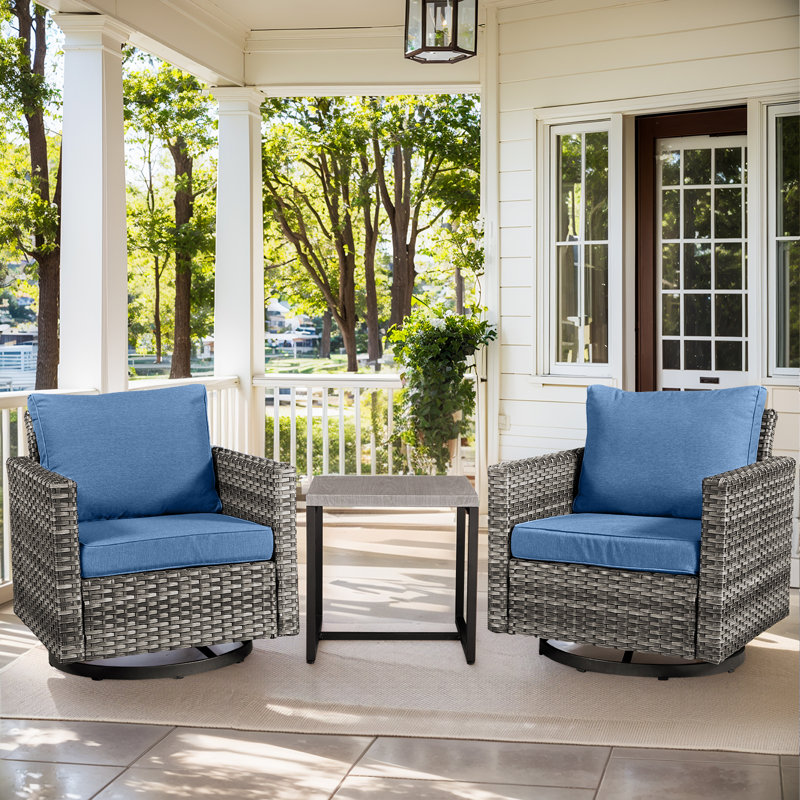 Nodaway Outdoor Patio PE Wicker 2 - Person Seating Group Swivel Chair with Cushions, Blue