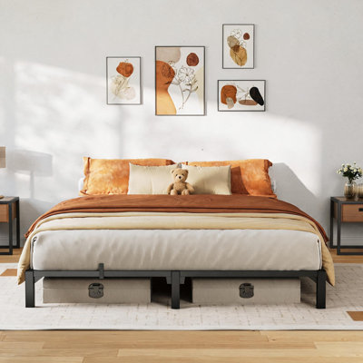 Cadre de lit plateforme Queen, 20 cm de hauteur, sans sommier, cadre de lit en métal discret avec lattes en acier pour chambre à coucher, chambre d'amis ou appartement, style minimaliste moderne, montage sans vis, noir