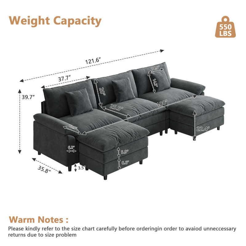Canapé modulaire en chenille de 121,6 po en U modulaire, Gris